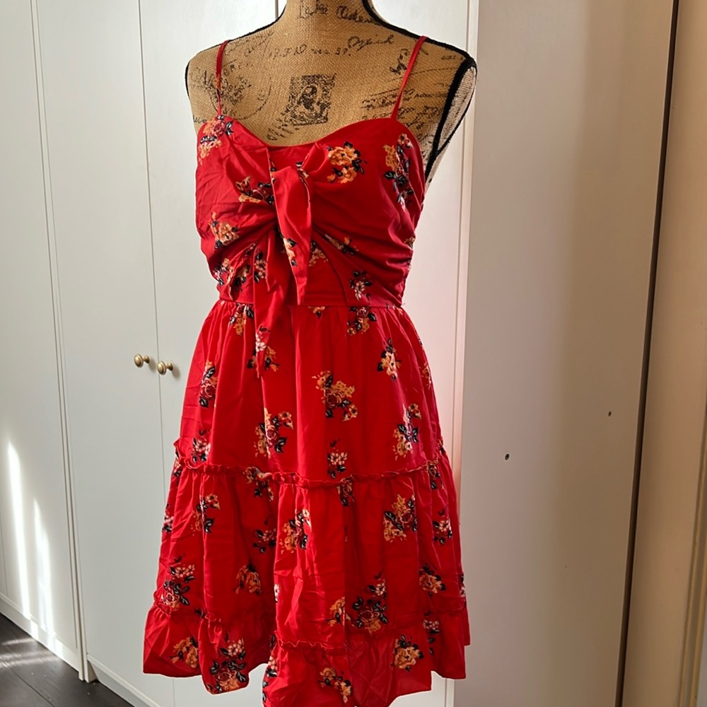 Such a stylish red dress with adjustable straps &Ties in front adjust.